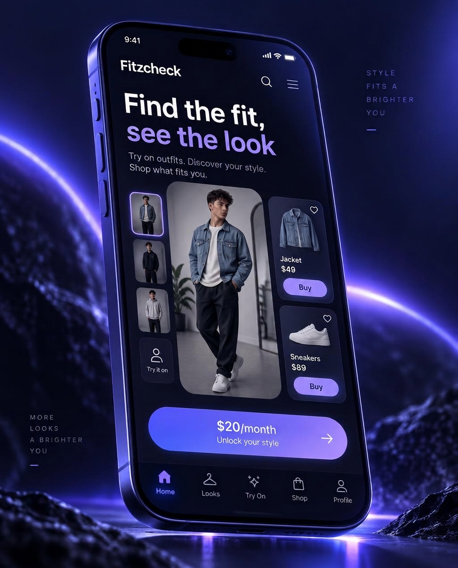 Fitzcheck app on a phone showing outfit try-on, item prices and a $20/month plan